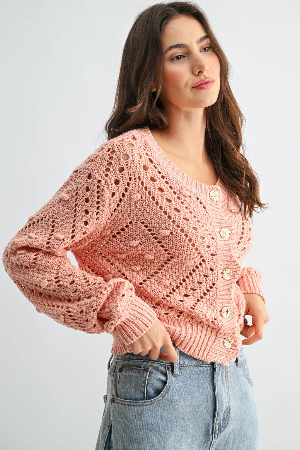 Light Pink Knit Cardigan With Gold Button Detail