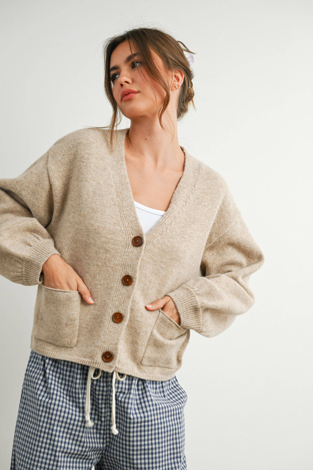 Taupe V-Neck Cuff Button-Up Top