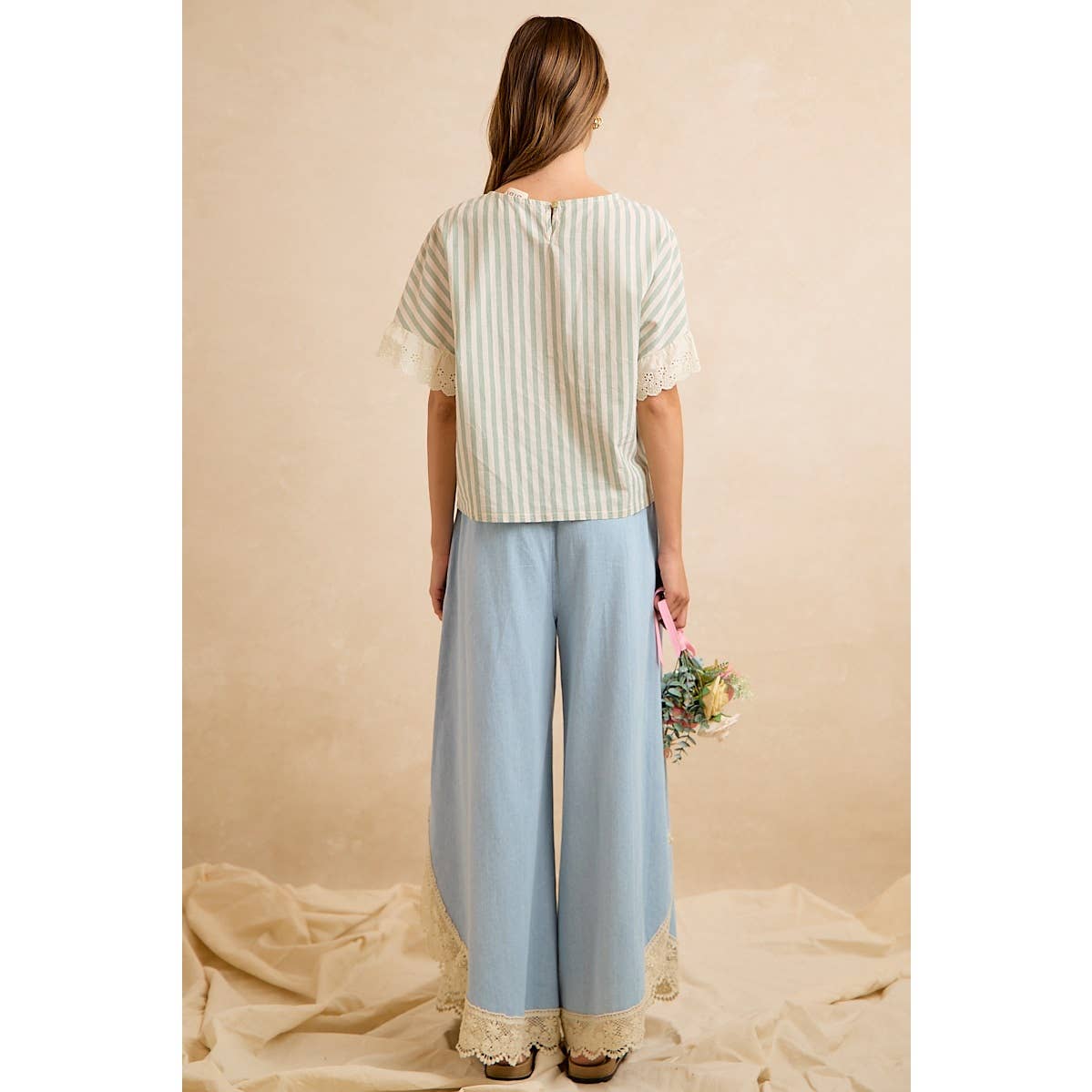 Denim Wide Leg Lace Tulip Hem Jeans
