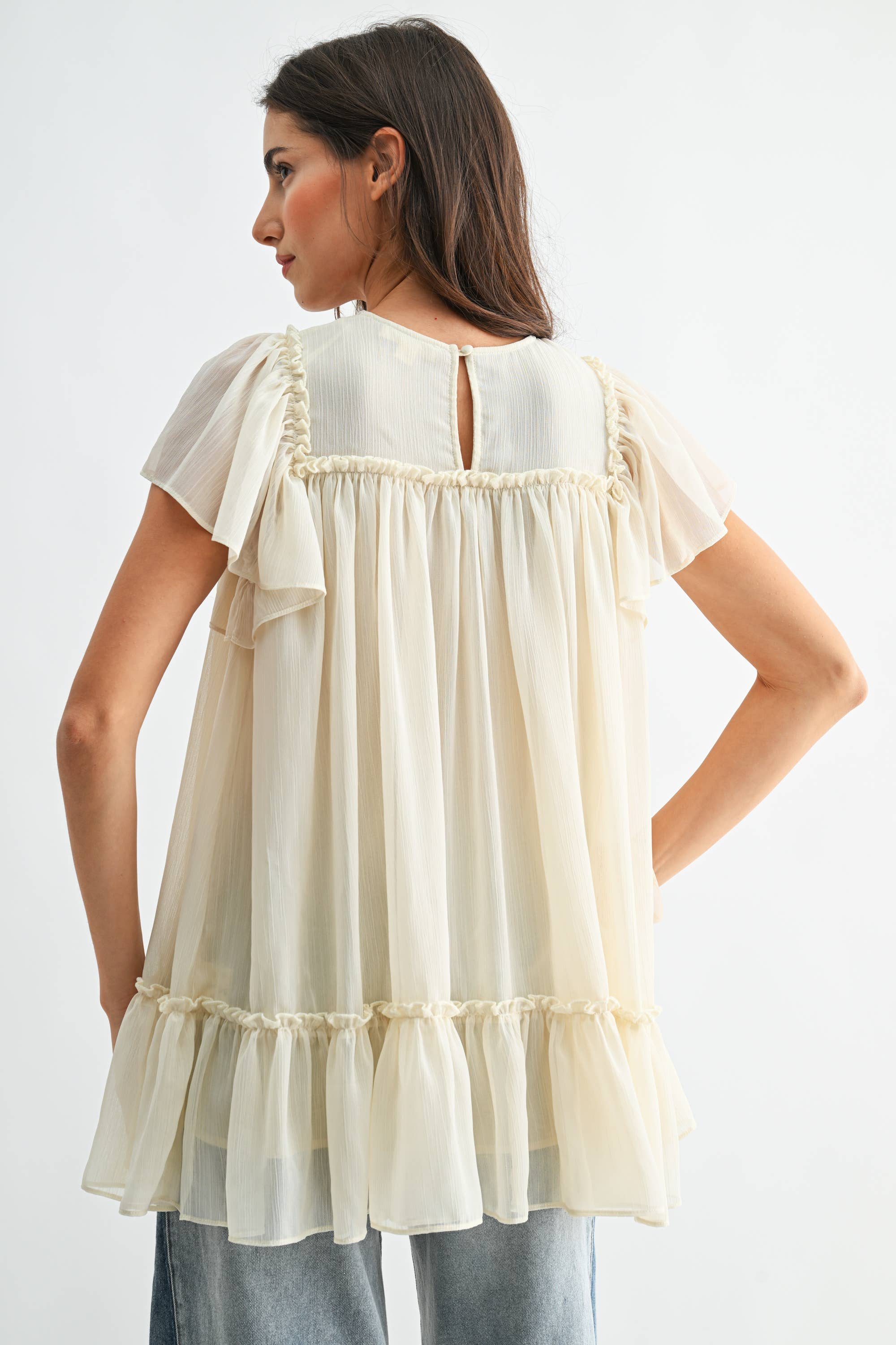 Cream Sheer Lace Yoke Ruffle Sleeve Blouse