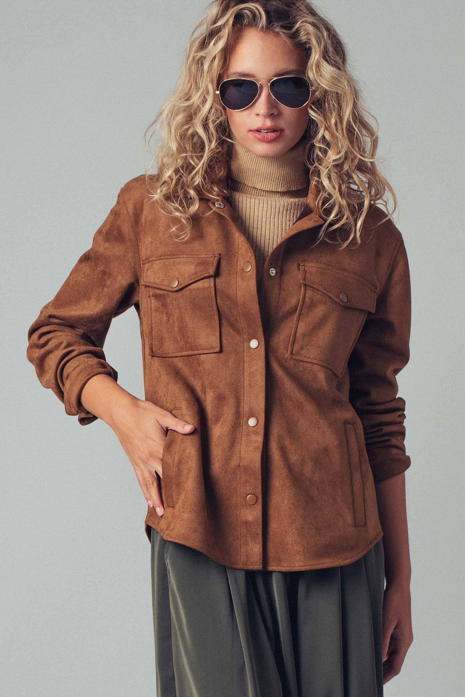 Camel Faux Suede Button-Up Shacket