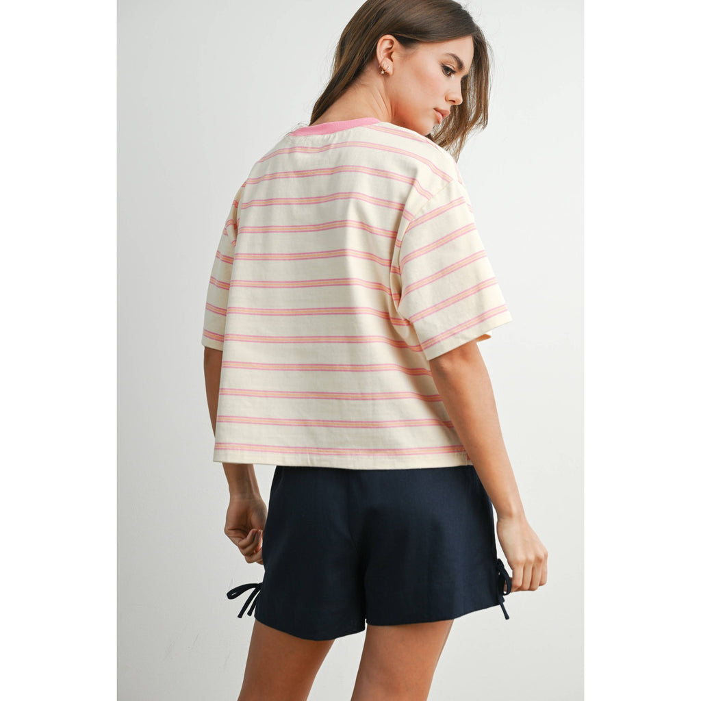 Ivory & Pink Striped Boxy Cropped T-Shirt