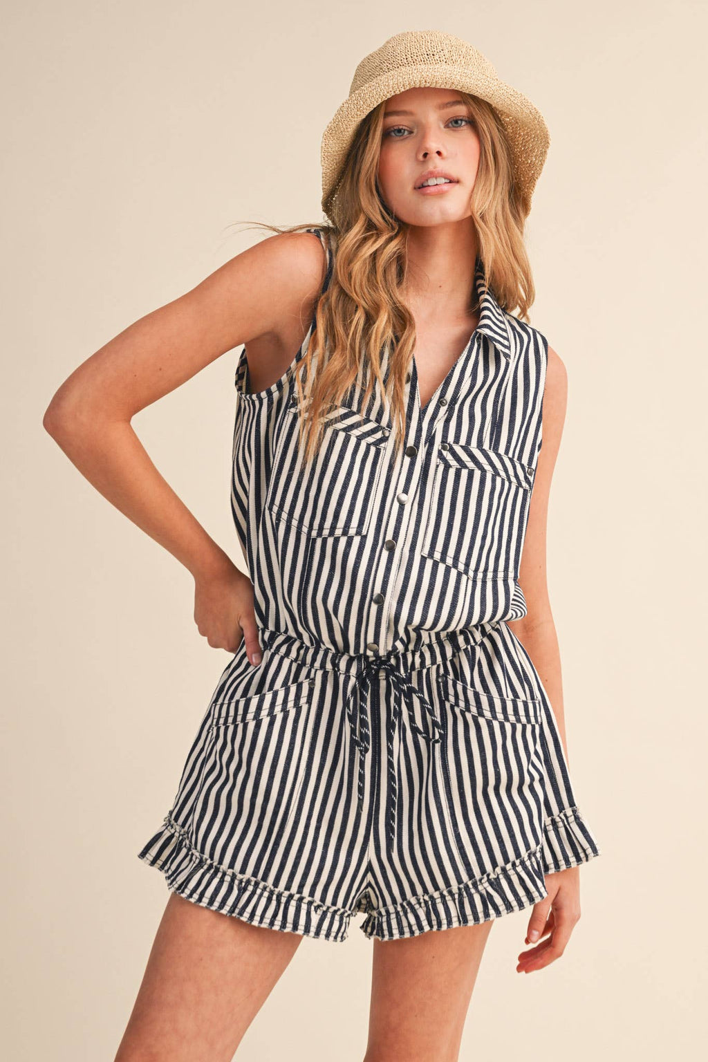 Navy & White Striped Romper
