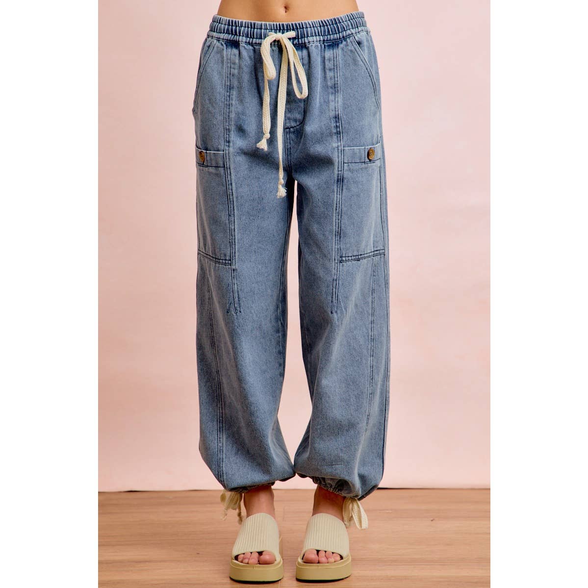 Washed Denim Drawstring Pants