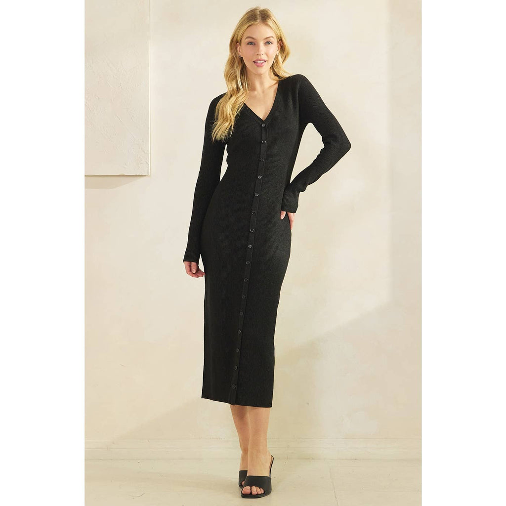 Black Button Down Sweater Midi Dress