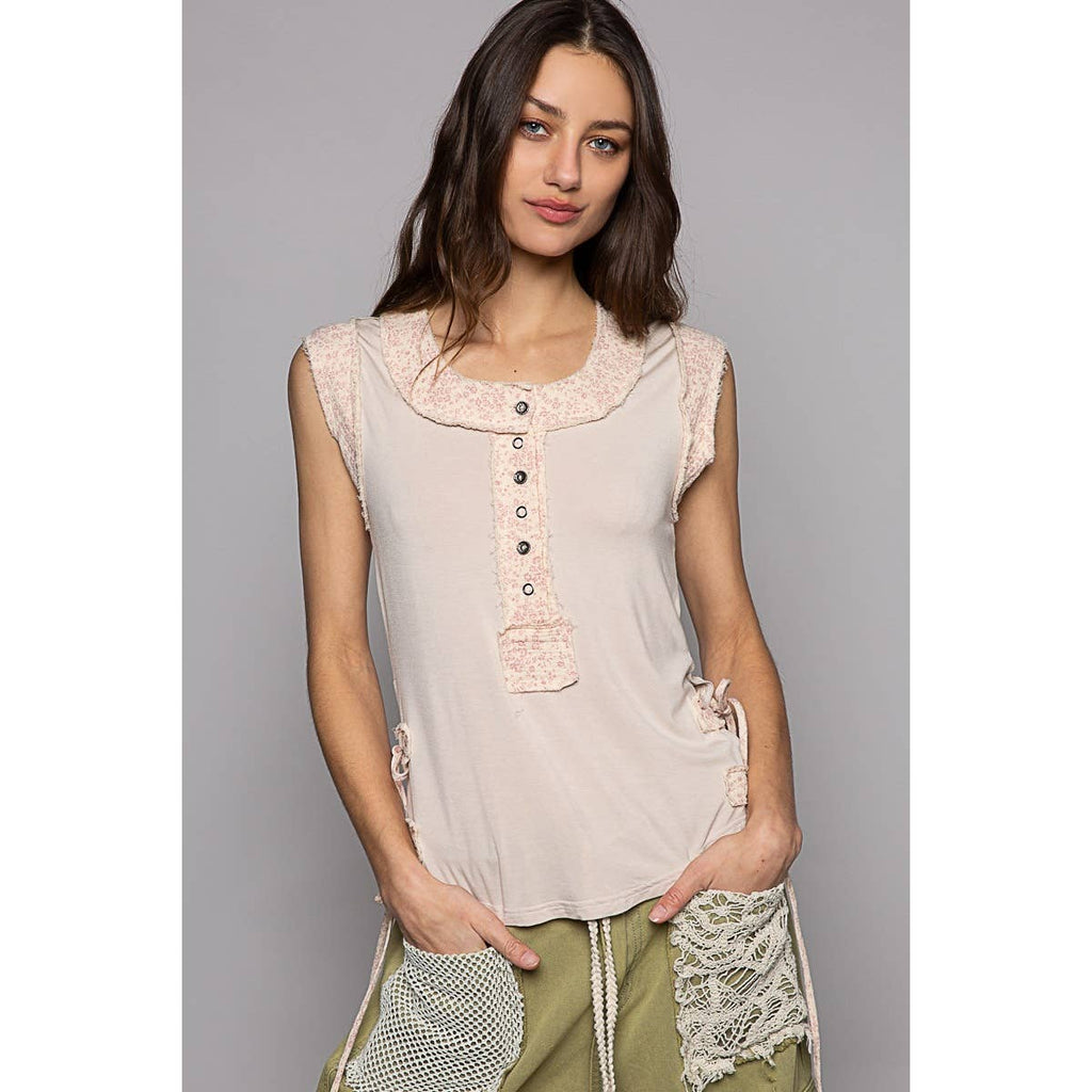 Oatmeal Henley Sleeveless Top