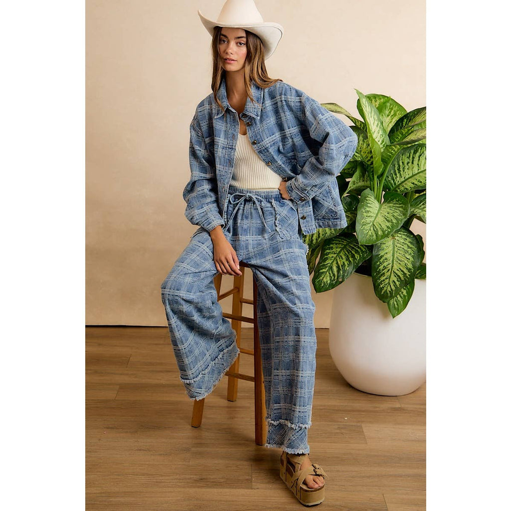 Washed Demin Plaid Wide Leg Jeans