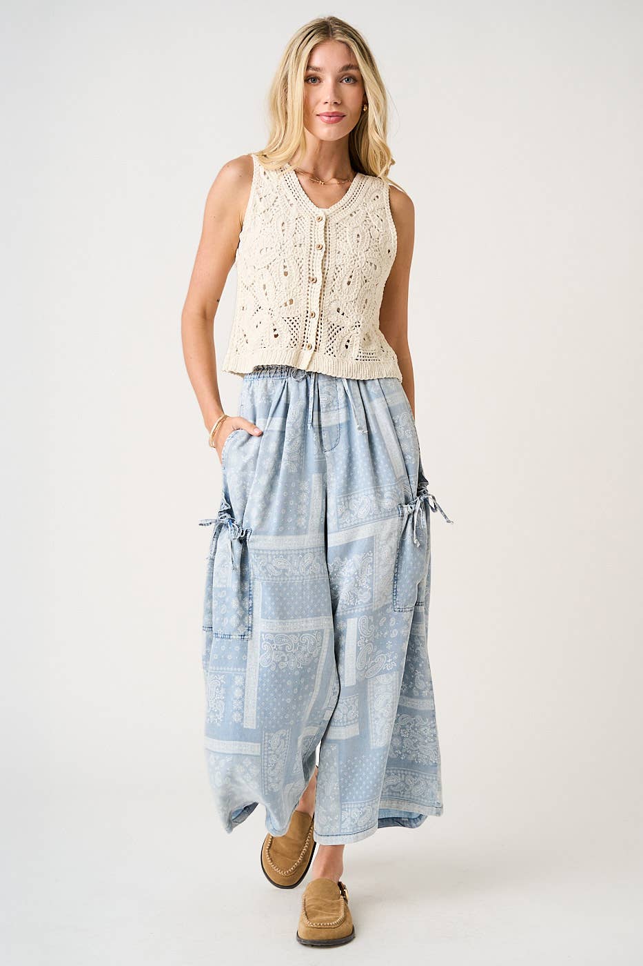 Light Denim Paisley Print Wide Leg Pants