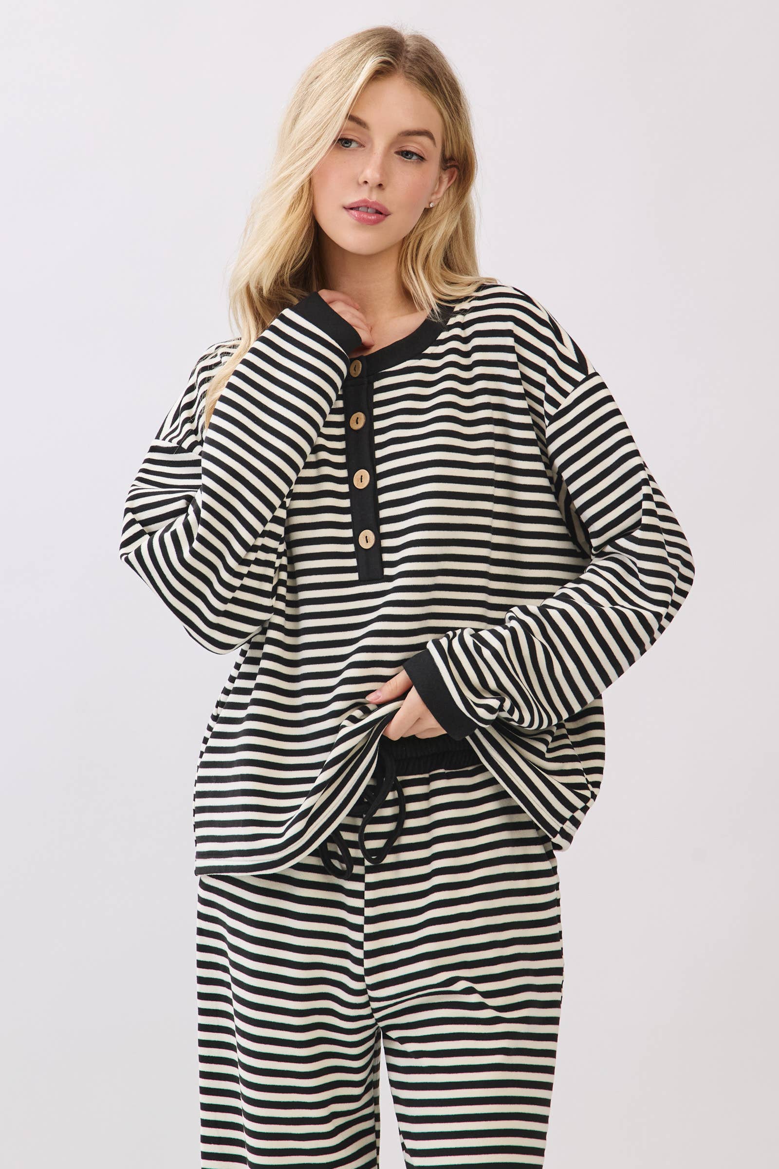 Black & White Striped Button Top