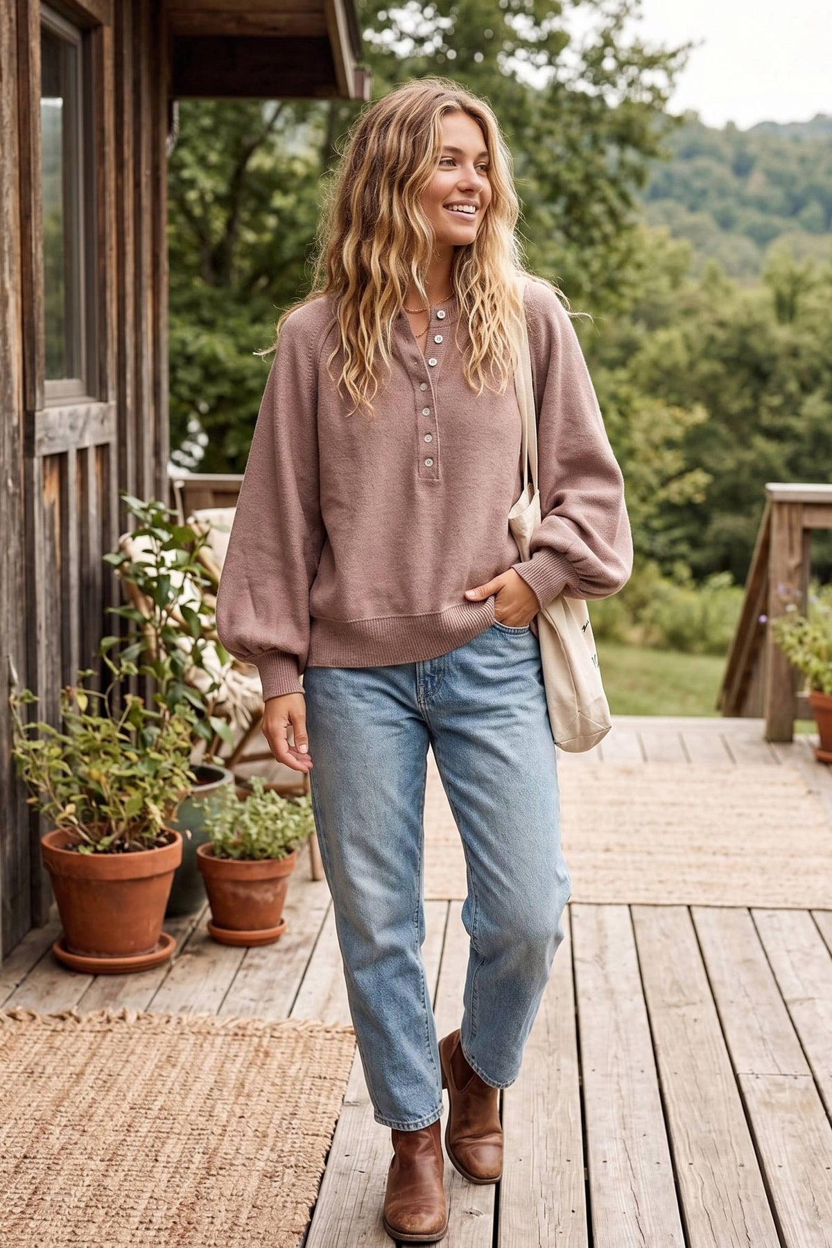 Taupe Henley Balloon Sleeve Sweater
