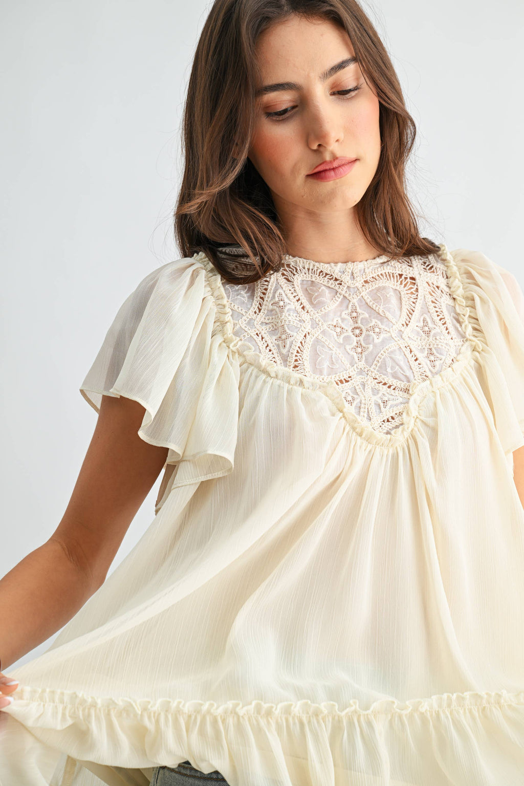 Cream Sheer Lace Yoke Ruffle Sleeve Blouse