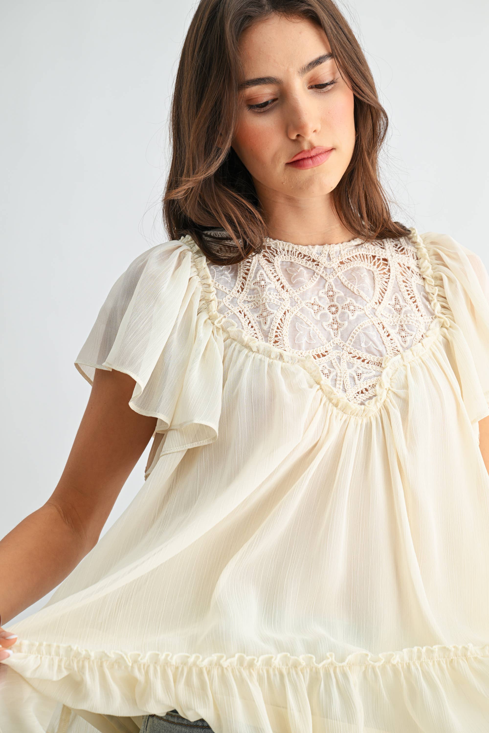 Cream Sheer Lace Yoke Ruffle Sleeve Blouse