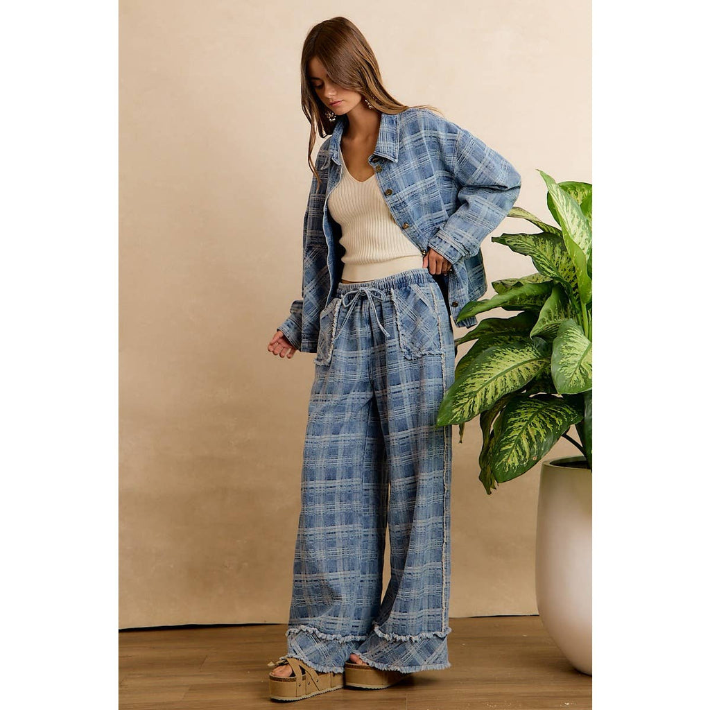 Washed Demin Plaid Wide Leg Jeans