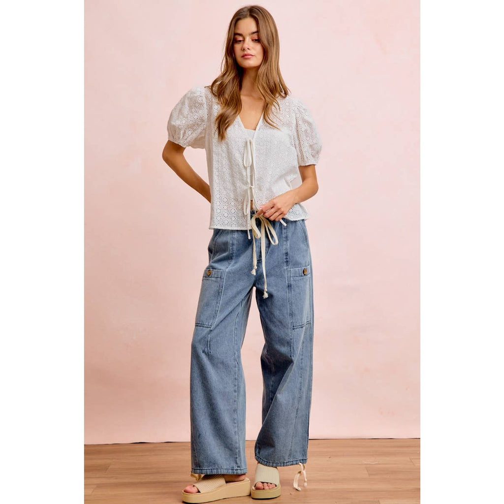 Washed Denim Drawstring Pants