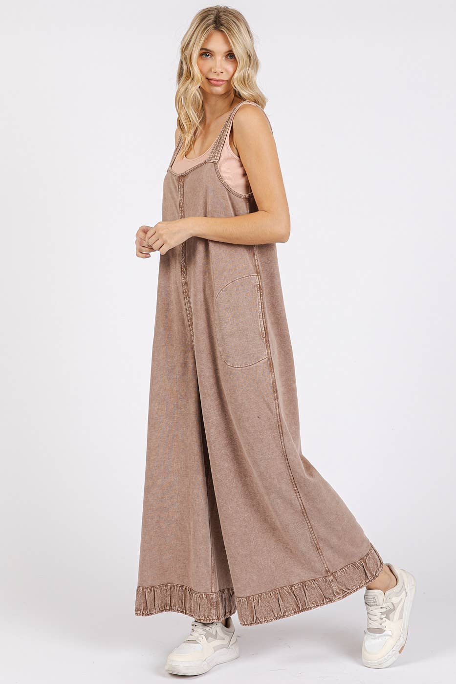 Coffee Mineral Wash Wide Leg Jumpsuit