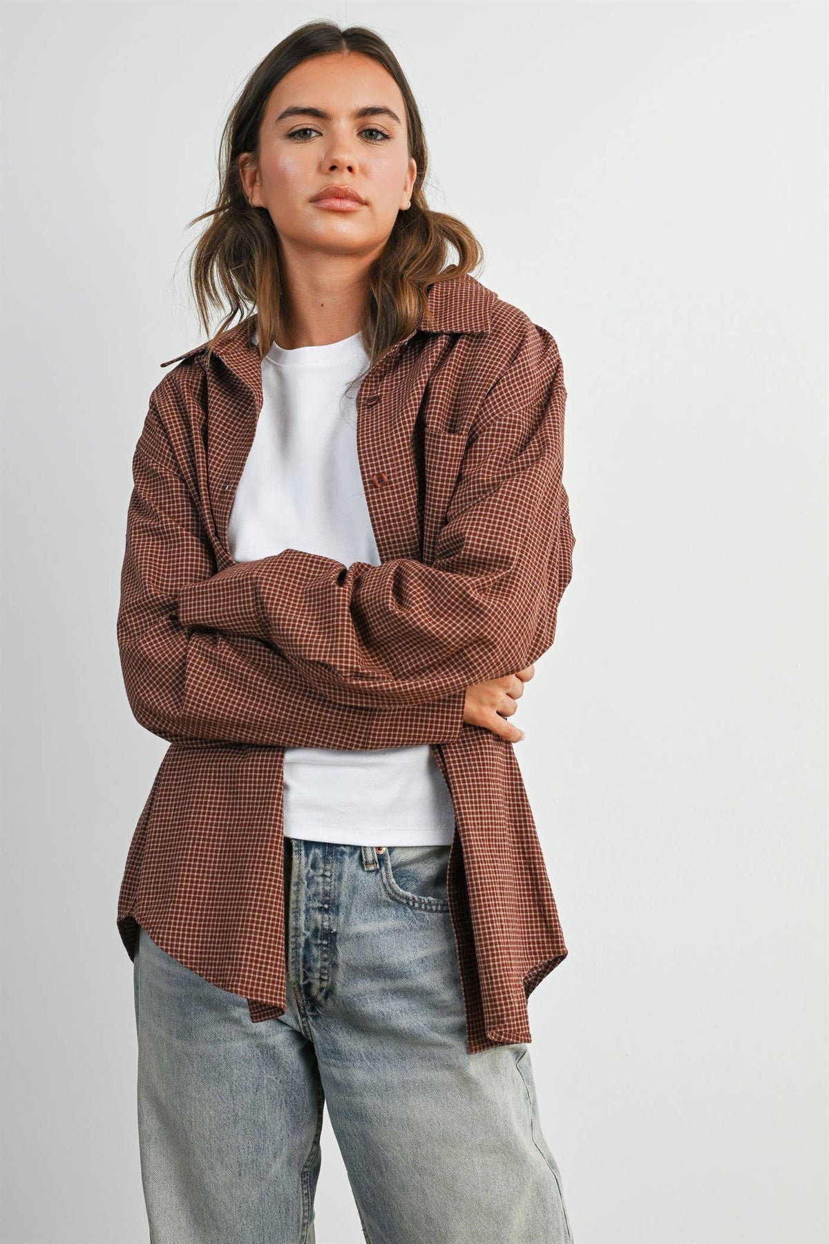 Brown Gingham Button-Up Shirt