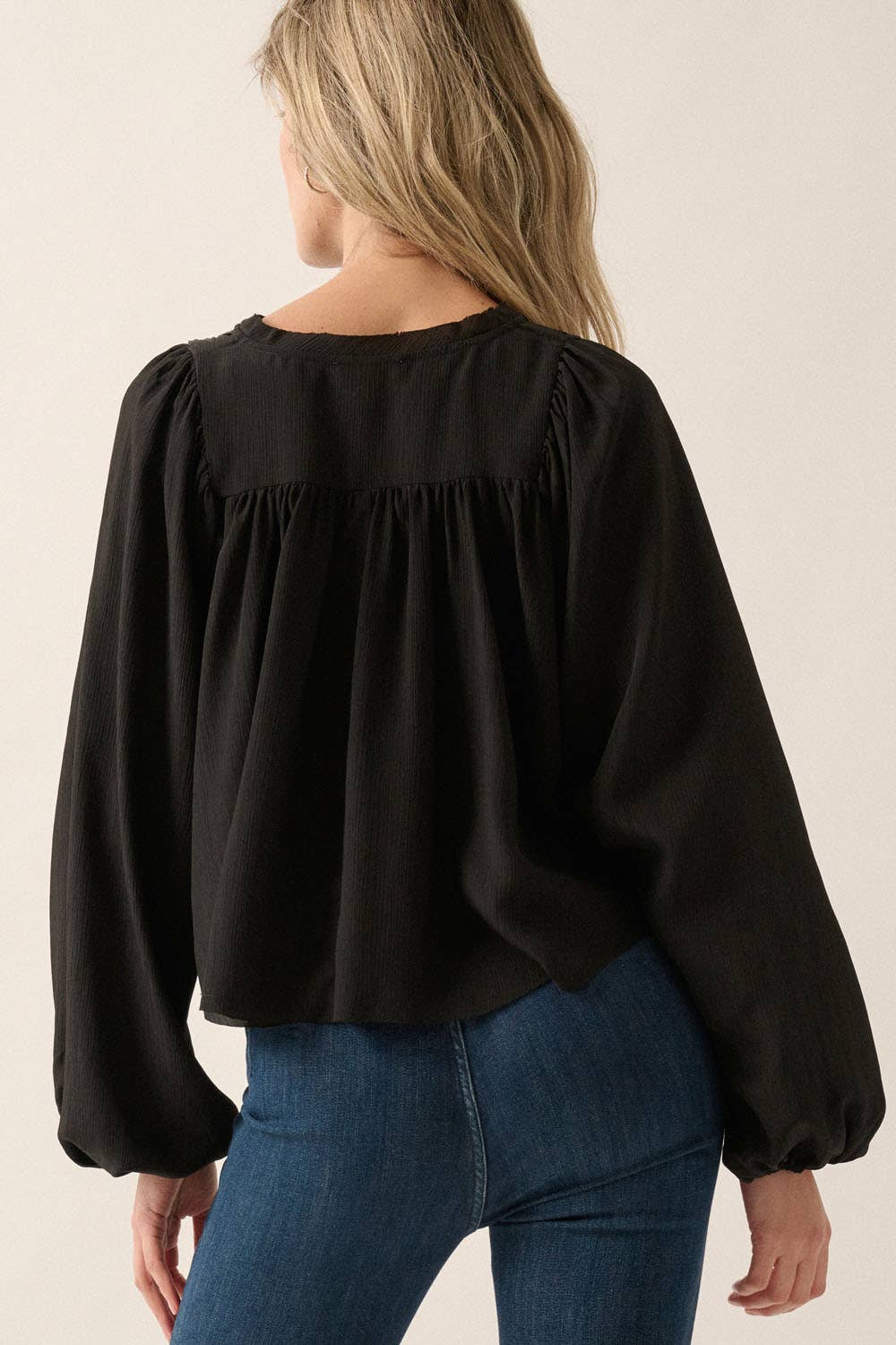 Black Crepe Pleated Yoke Peasant Top