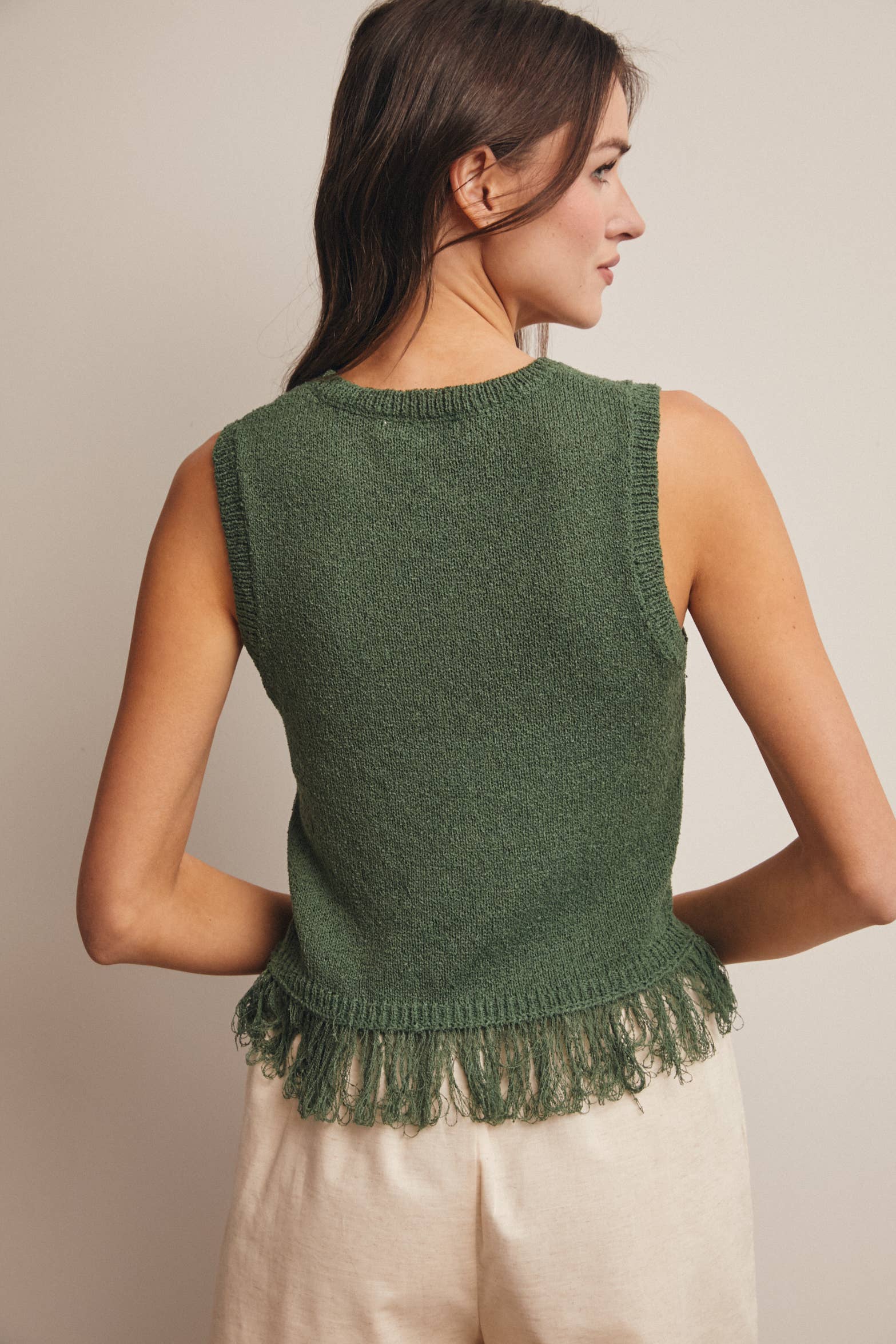 Eucalyptus Fringe Hem Sleeveless Knit Top