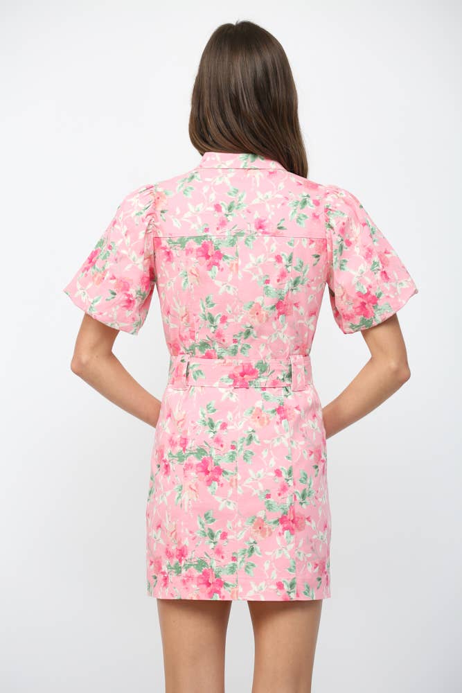 Pink Printed Button Down Mini Dress