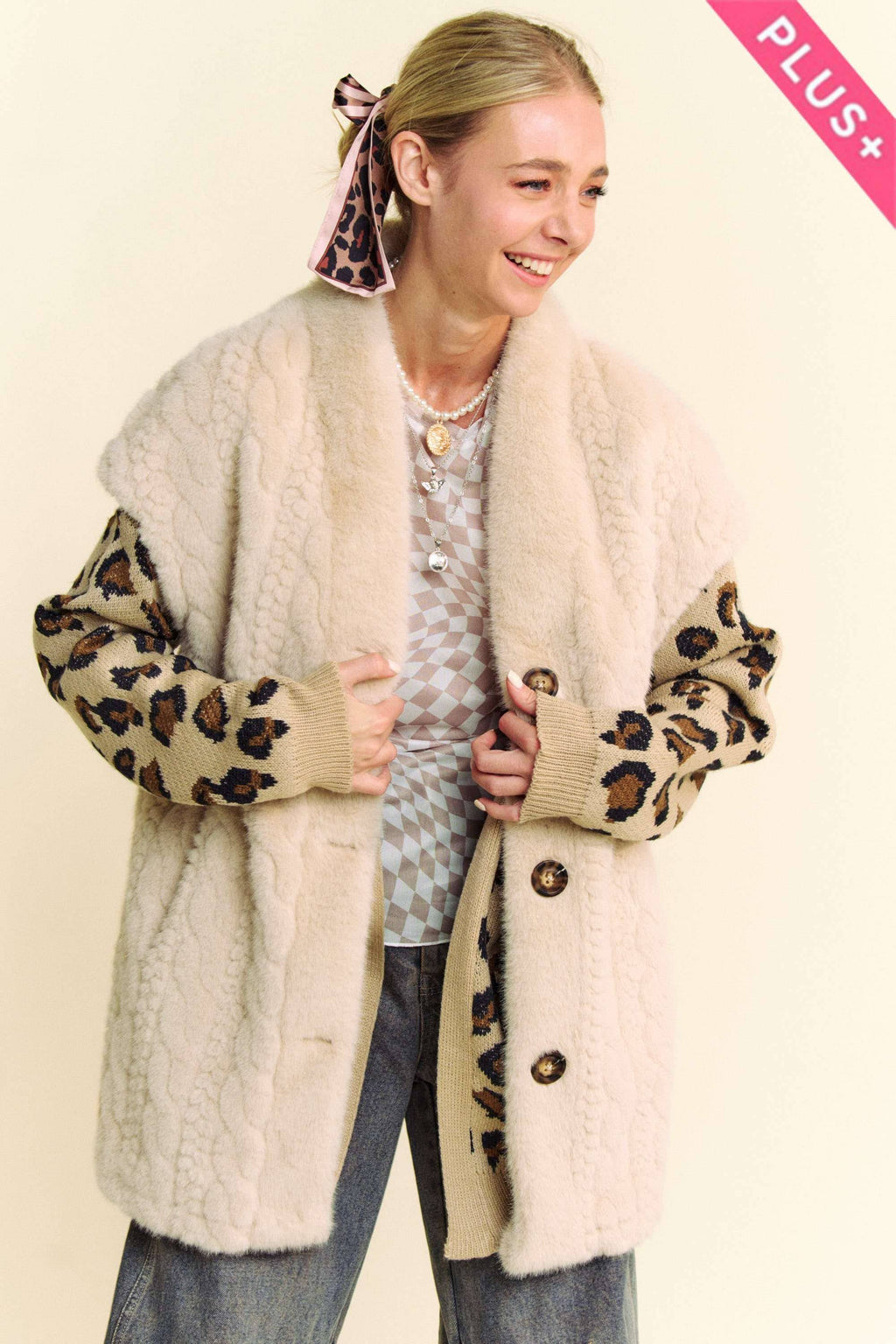 Plus Button Fuzzy Fur Vest Jacket