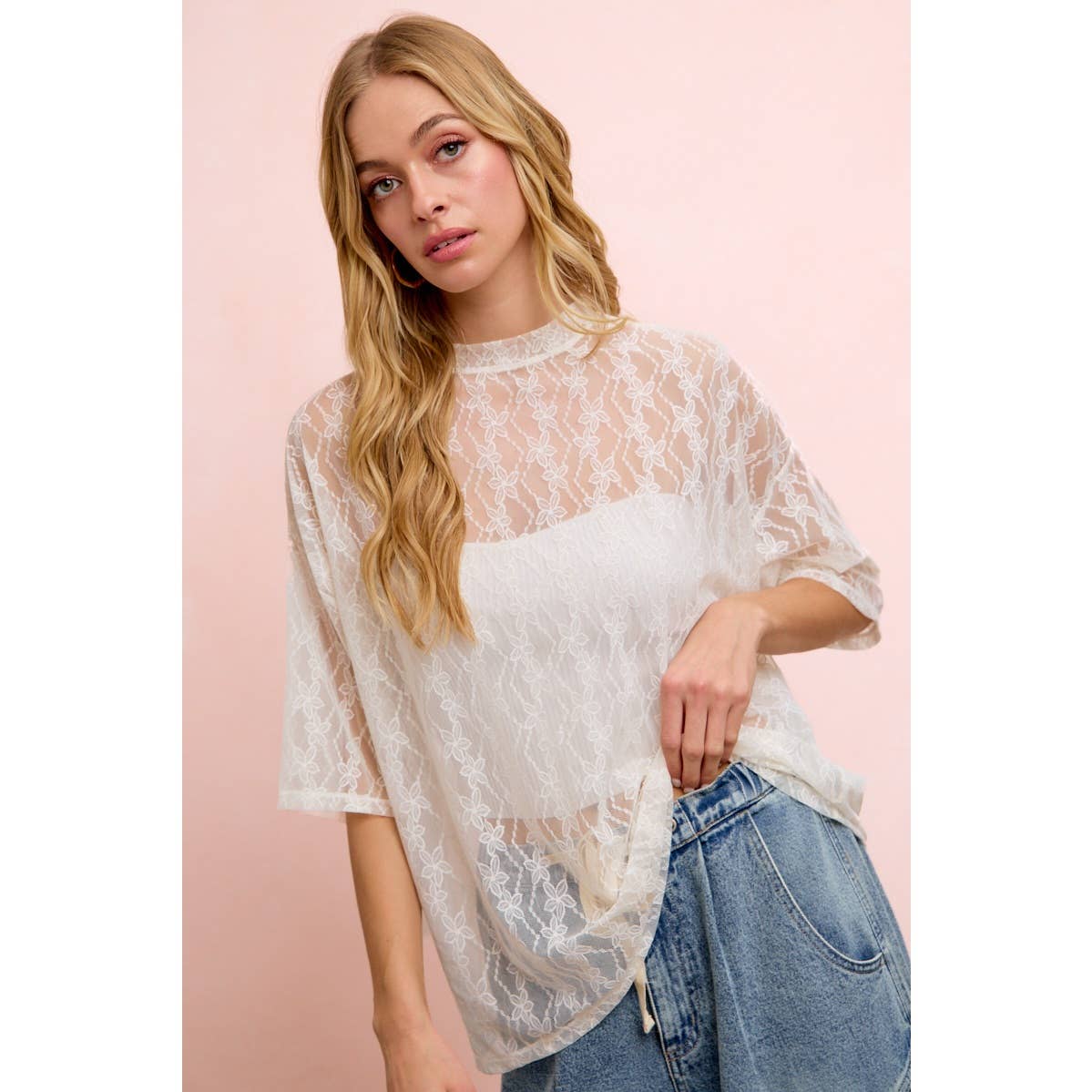 Cream Floral Boxy Mesh Top