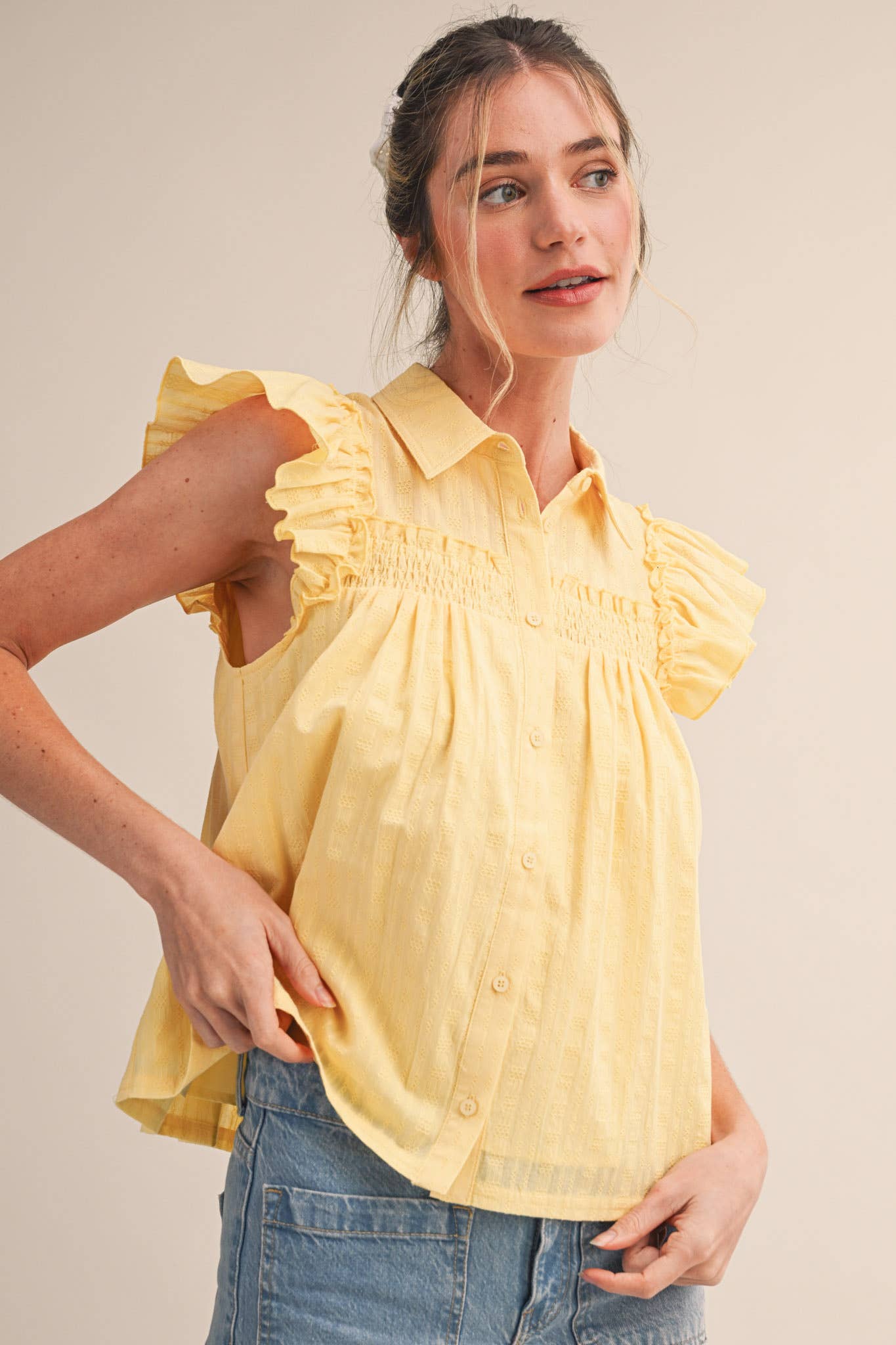 Yellow Cream Ruffle Top