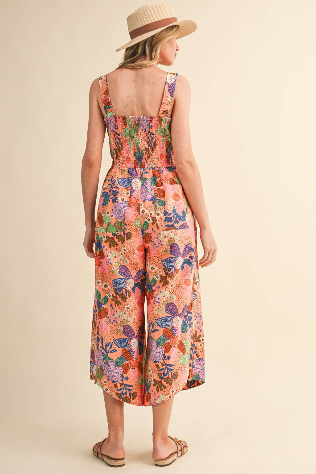Coral Floral Pleated Wide Leg Jumpsuit