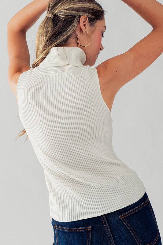 White Rib Knit Turtleneck Tank Top