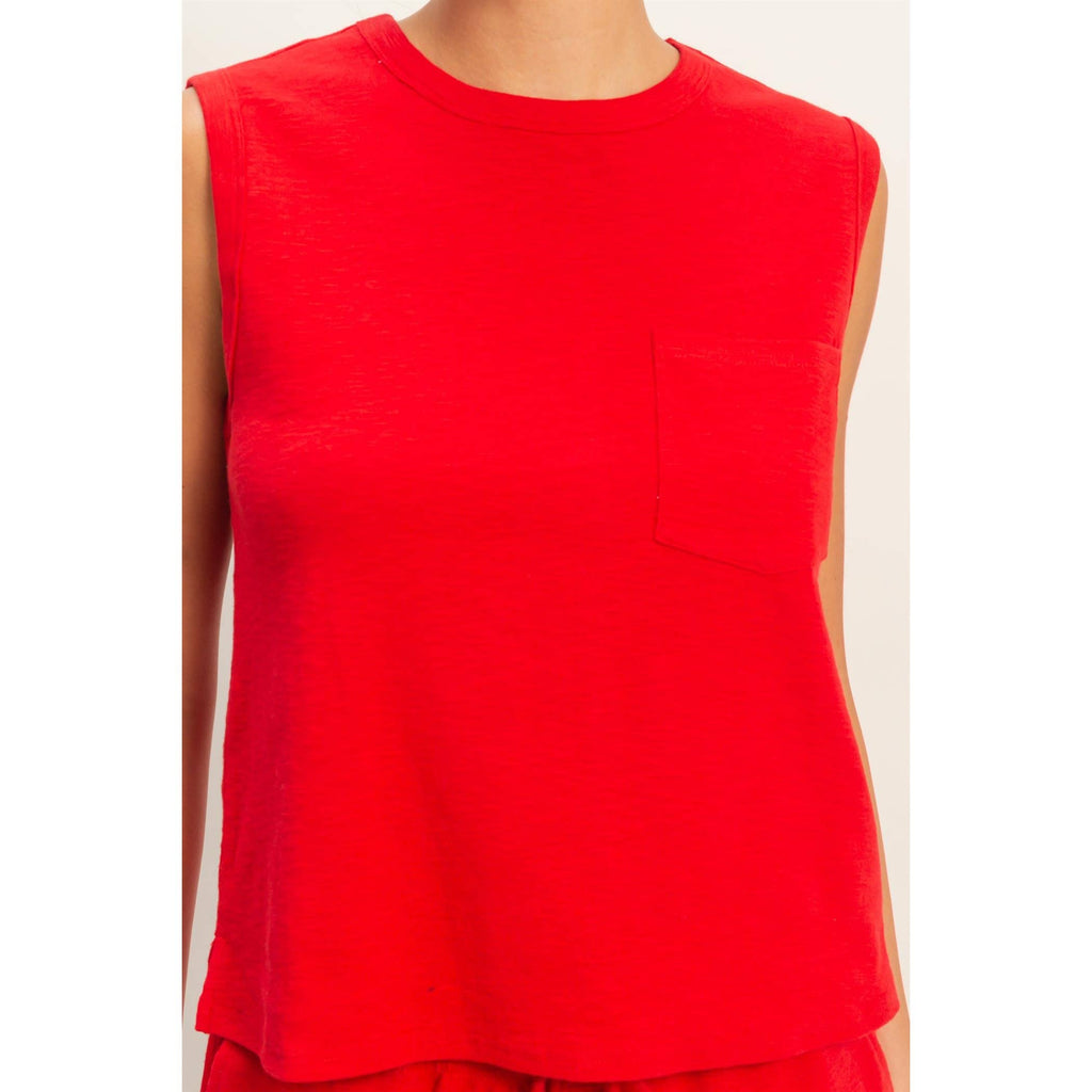 Red Sleeveless Cotton Top With Pocket
