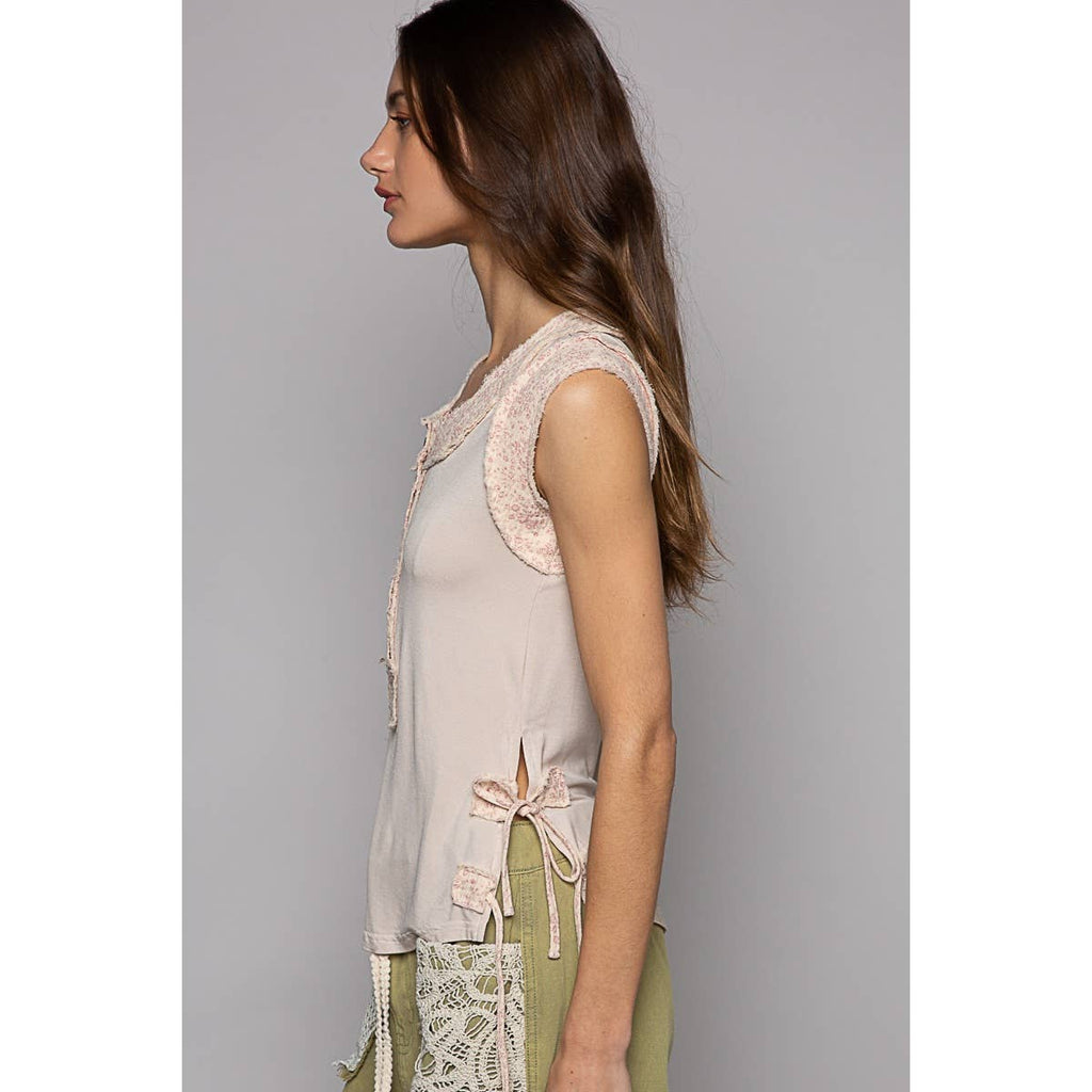 Oatmeal Henley Sleeveless Top