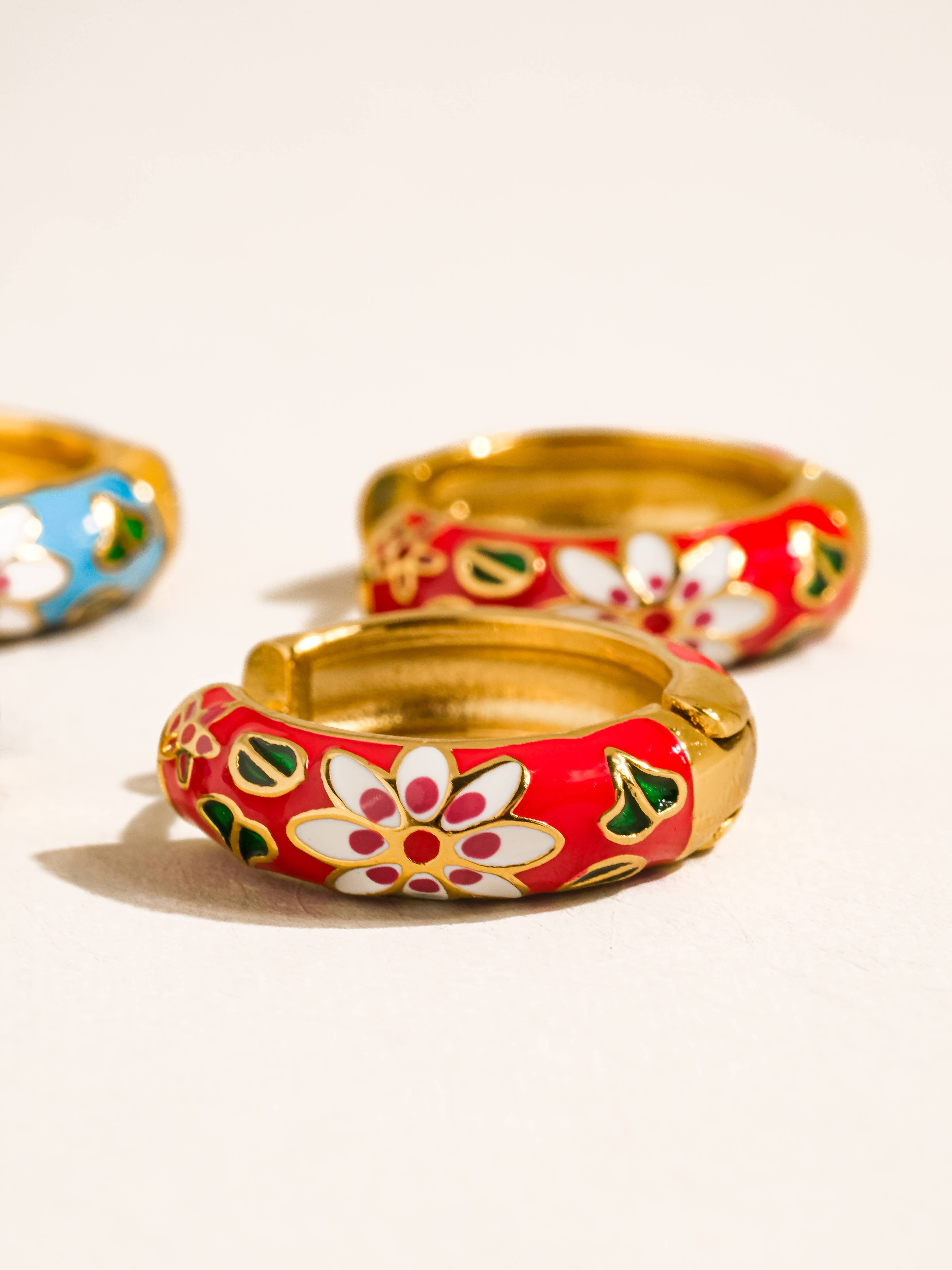 Red Isabeau 18K Gold Non-Tarnish Vintage Floral Hoop Earrings