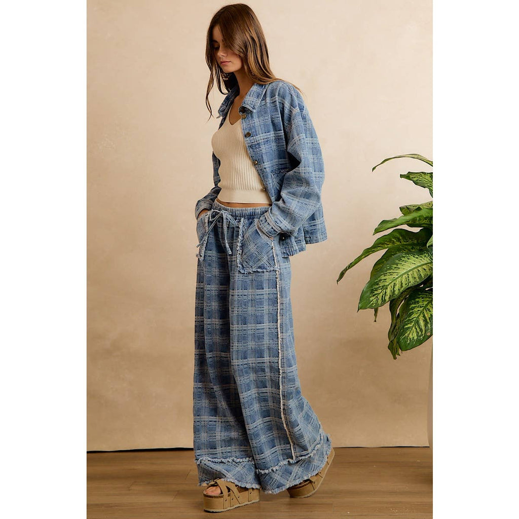 Washed Demin Plaid Wide Leg Jeans