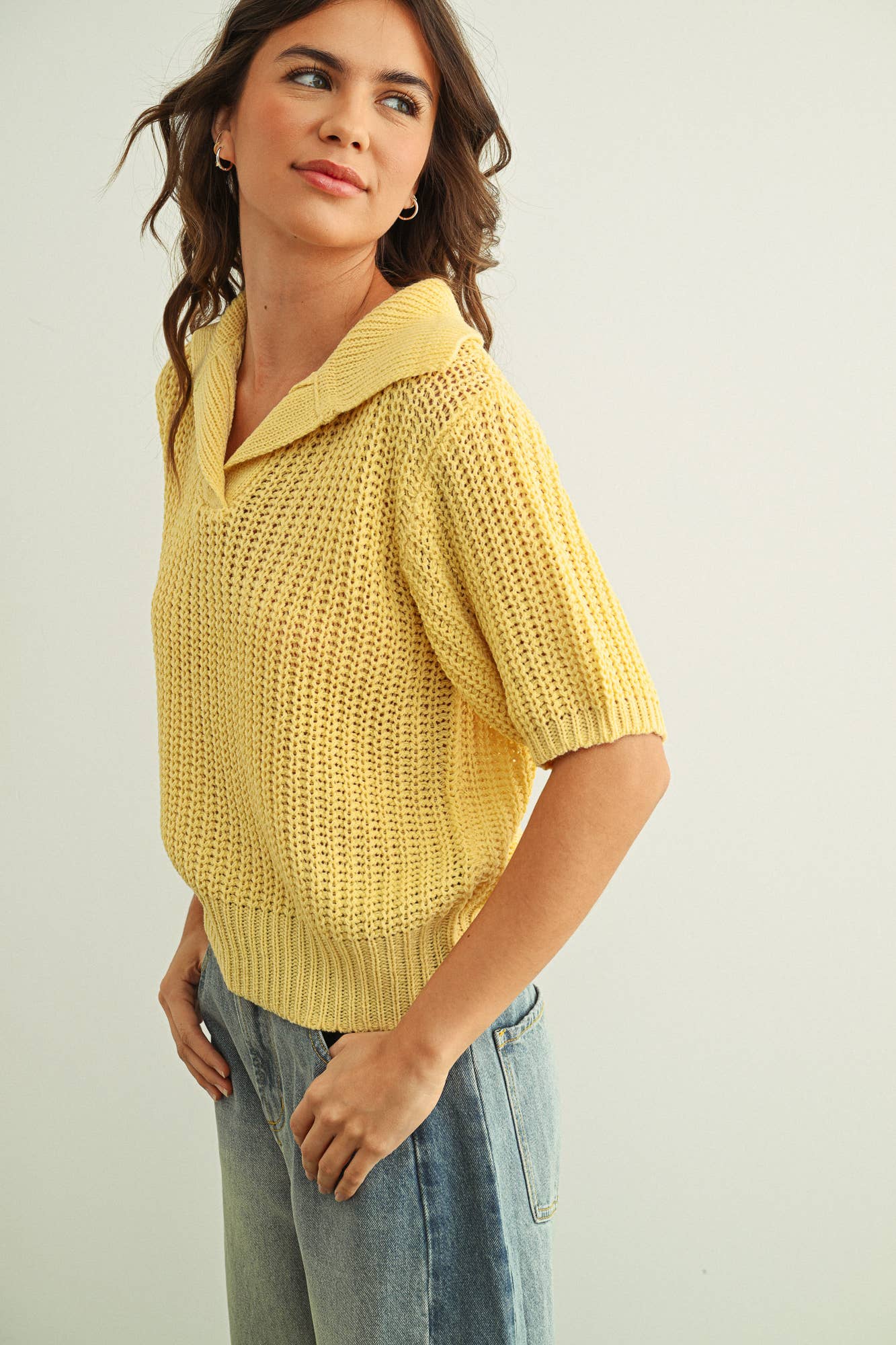 Butter Collared Short Sleeve Knitted Top