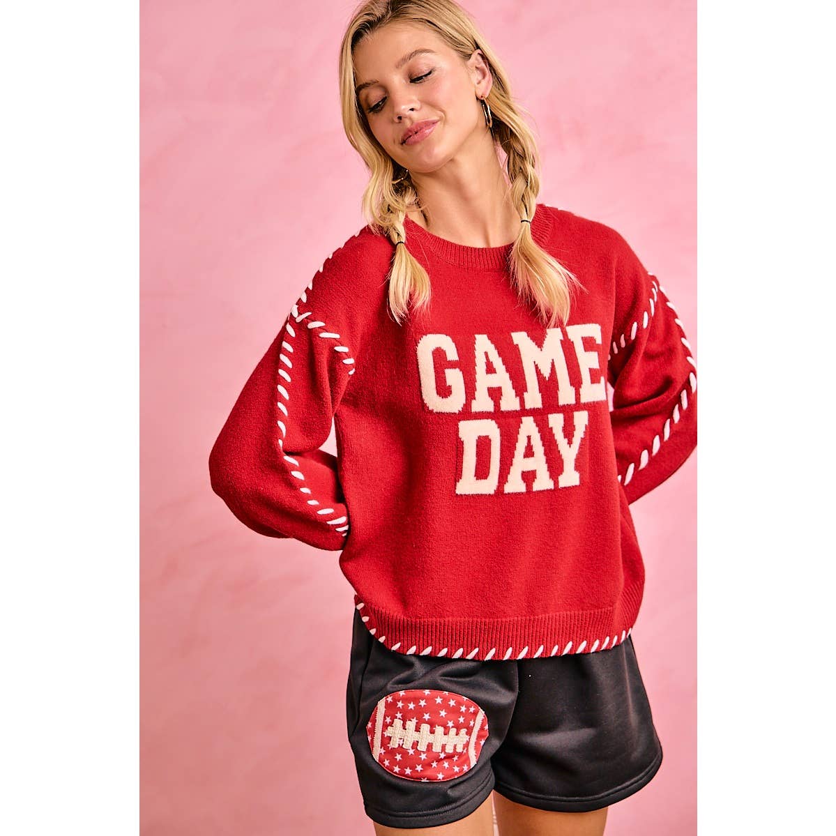 Red Gameday Contrast Stitch Sweater