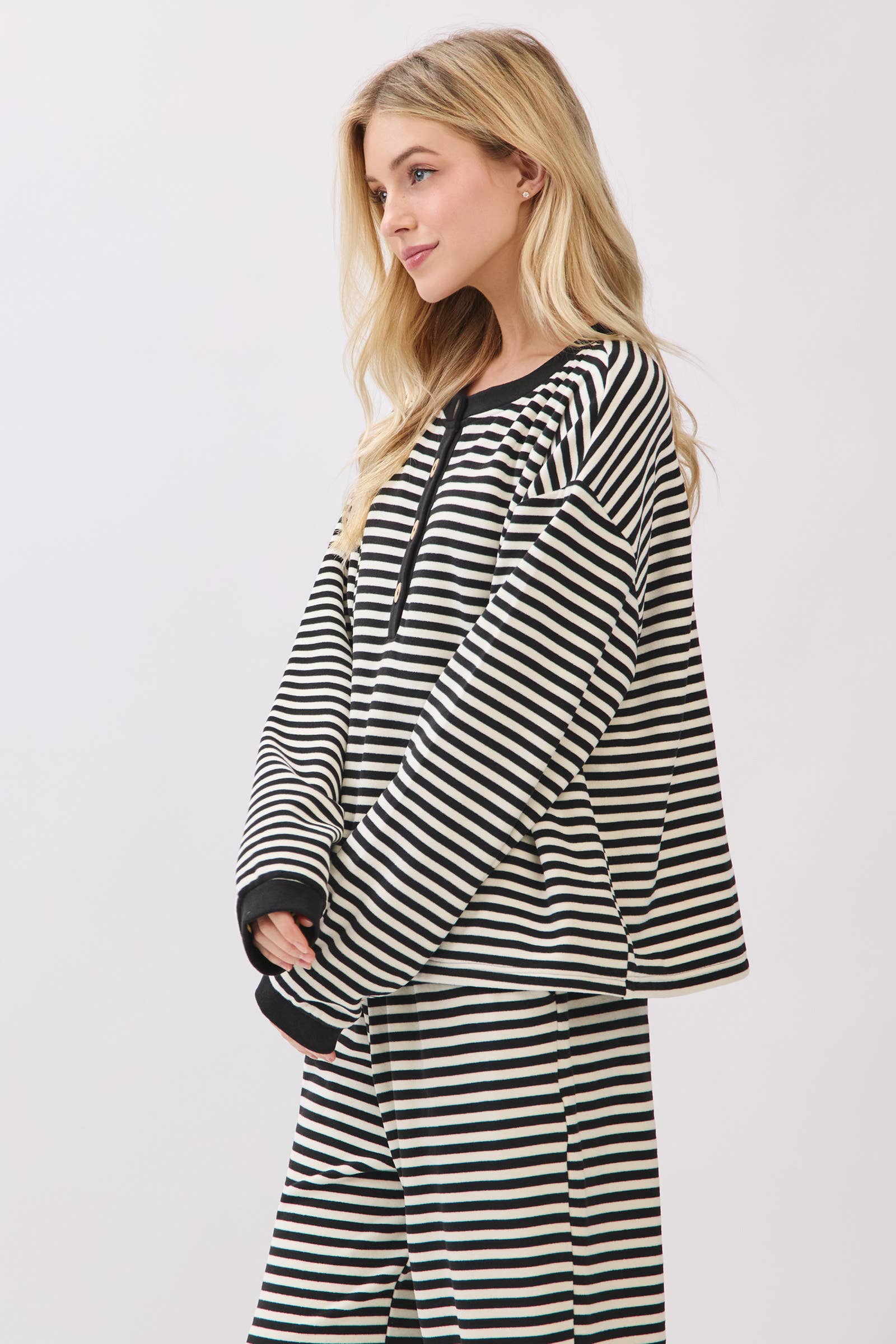 Black & White Striped Button Top