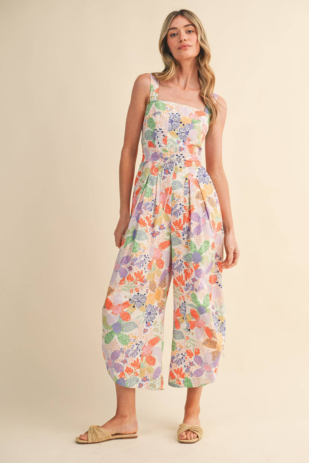 Coral Floral Pleated Wide Leg Jumpsuit