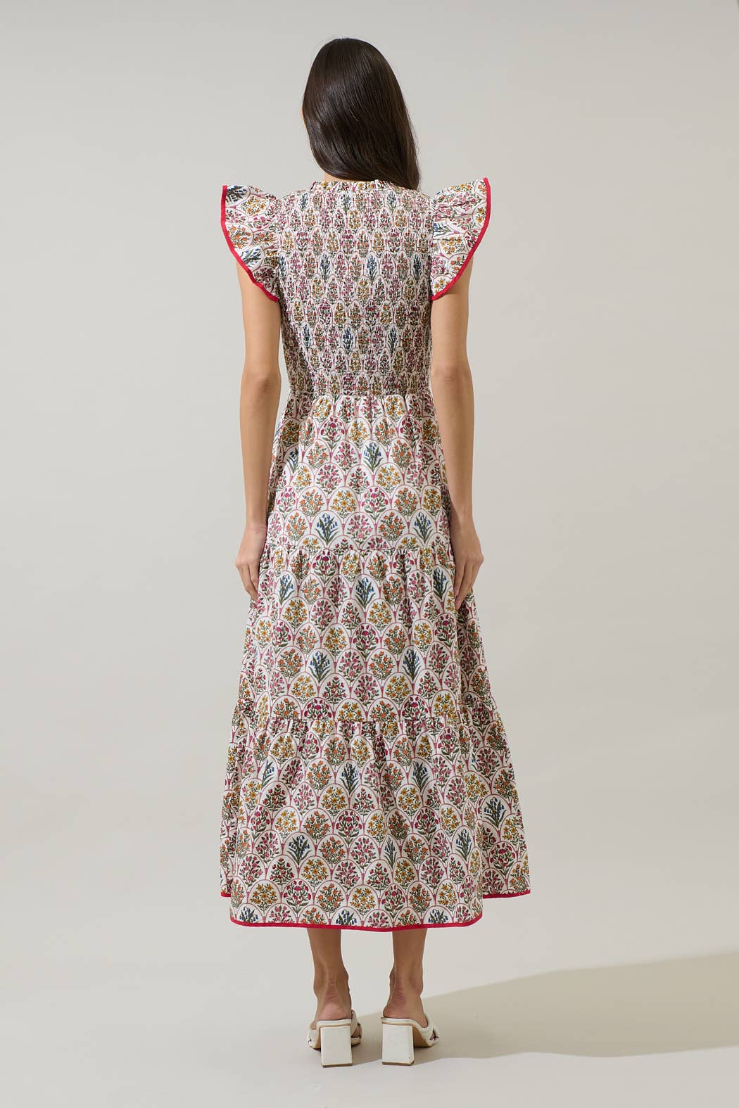 White Floral Sunfire Tiered Midi Dress