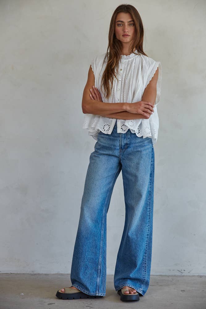 Off White Woven Cotton Eyelet Top