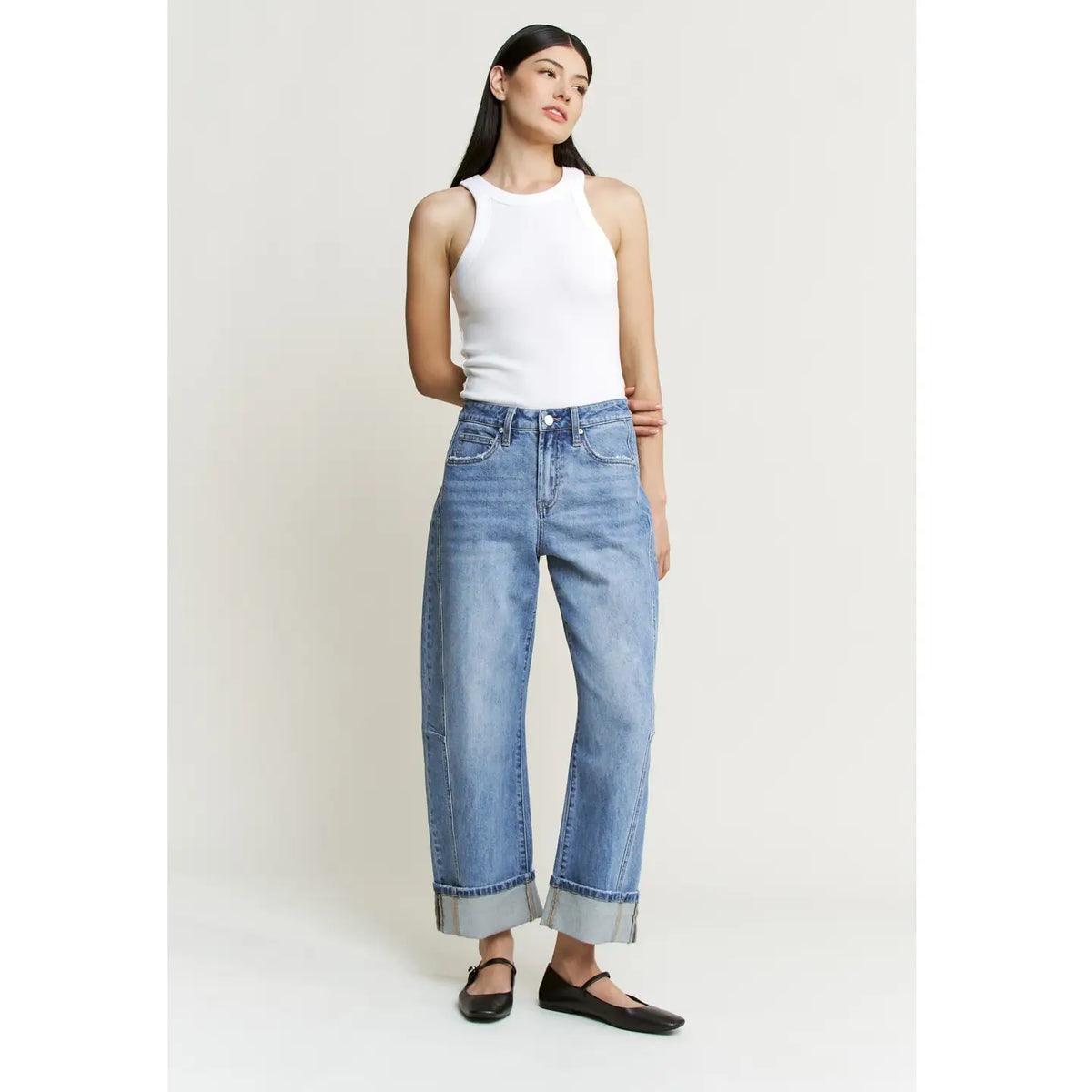 Dusty Sky High Rise Barrel Cuffed Hem Jean
