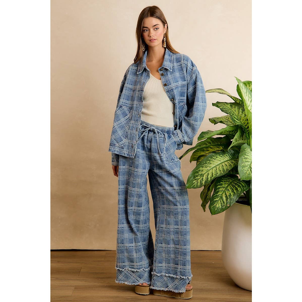 Washed Demin Plaid Wide Leg Jeans