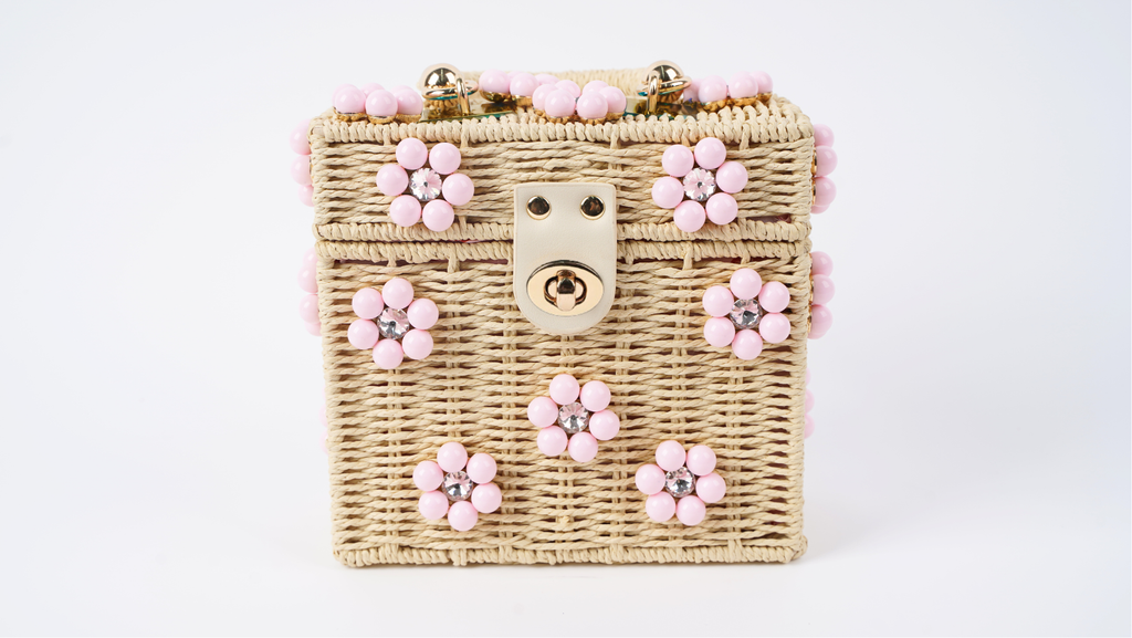 Cream & Pearl Wicker Bucket Daisy Flower Purse