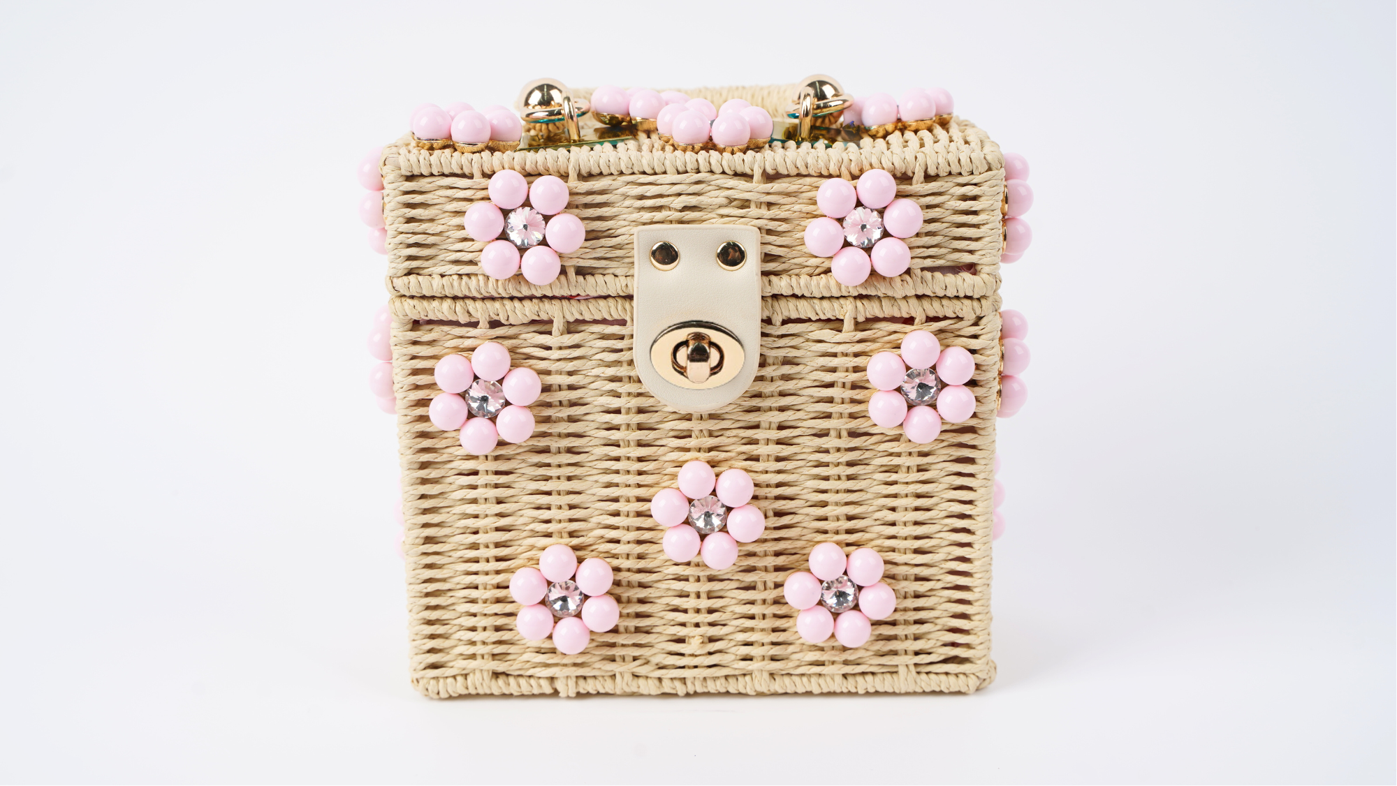 Cream & Pearl Wicker Bucket Daisy Flower Purse