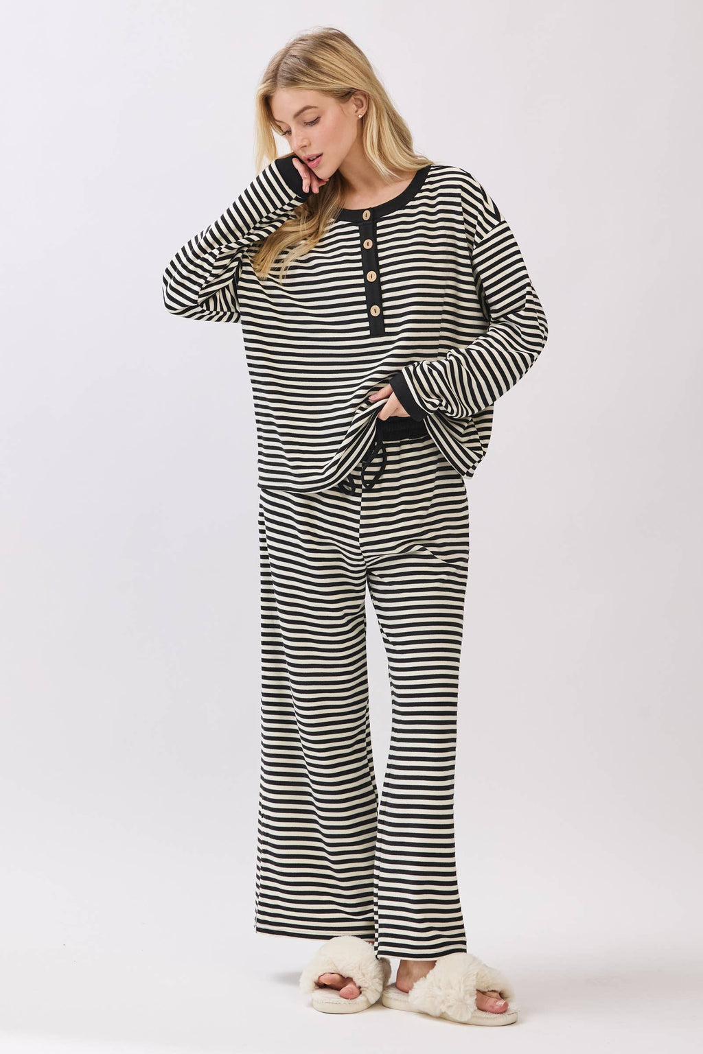 Black & White Striped Button Top