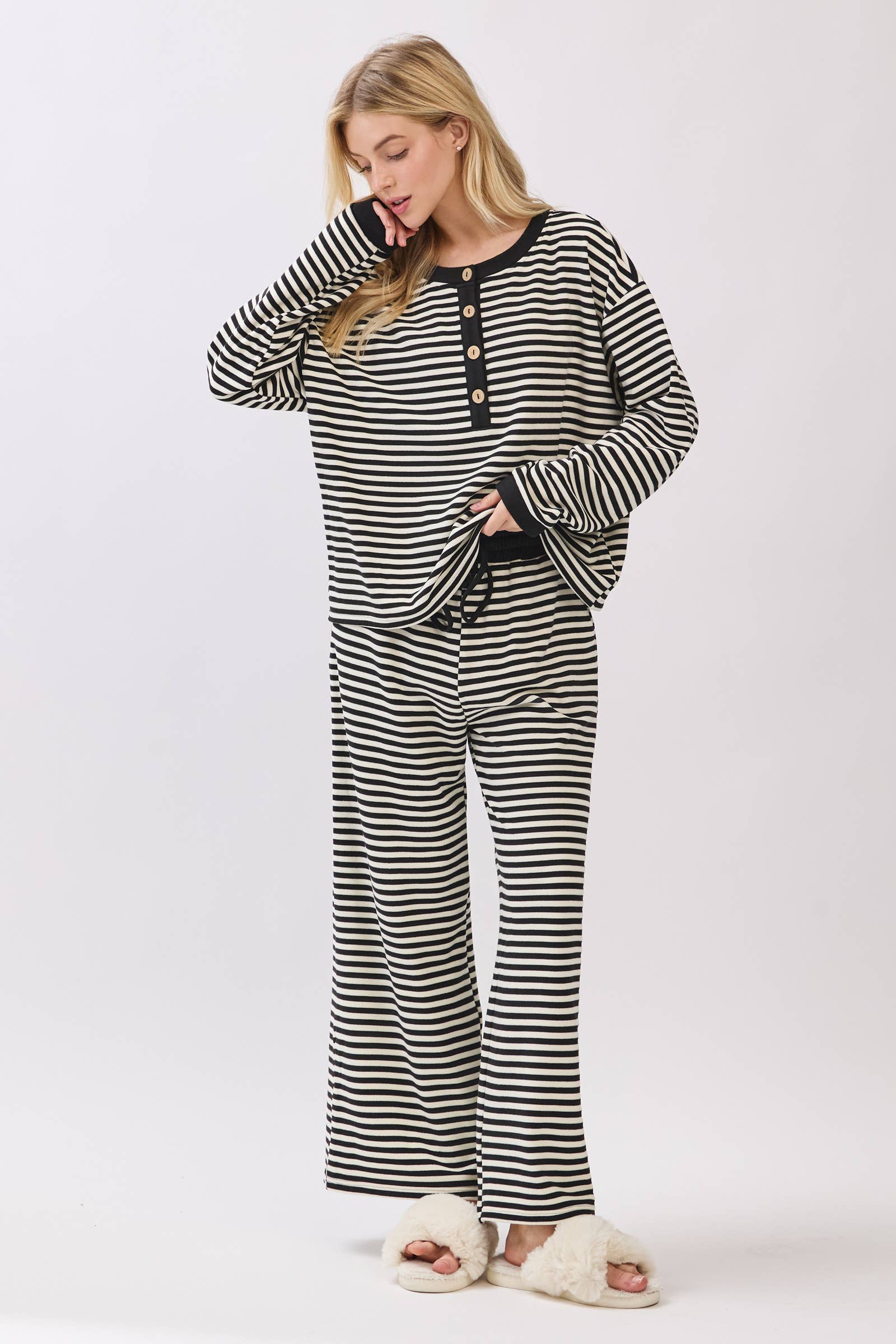 Black & White Striped Button Top