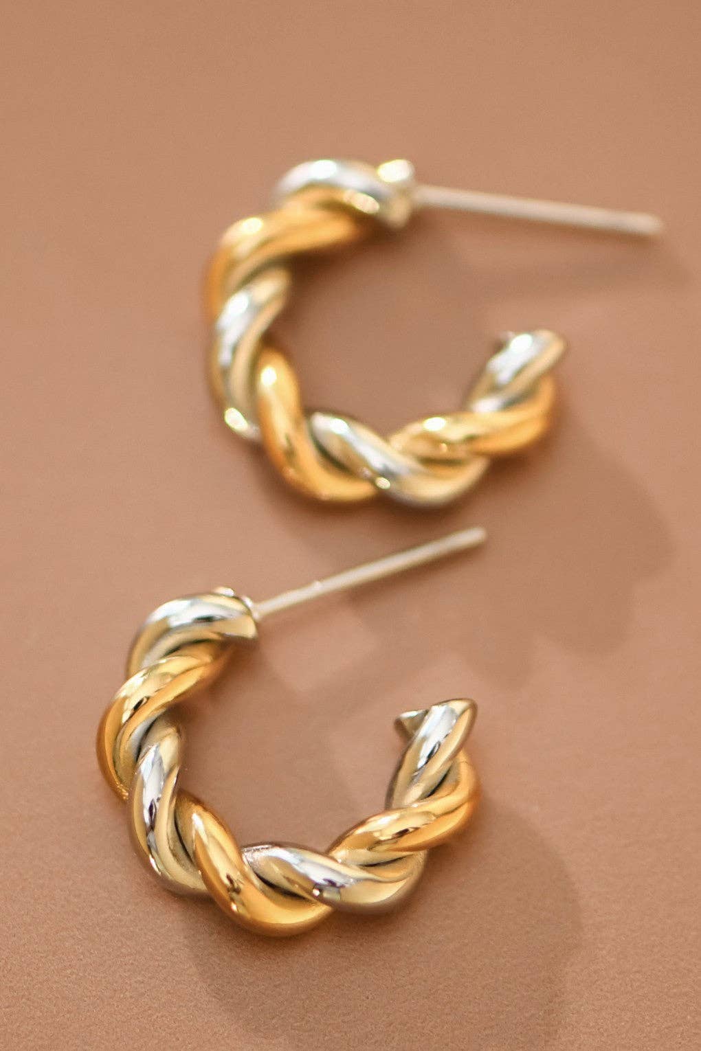 Gold Two Tone Twist Stainless Steel Hoop Earrings