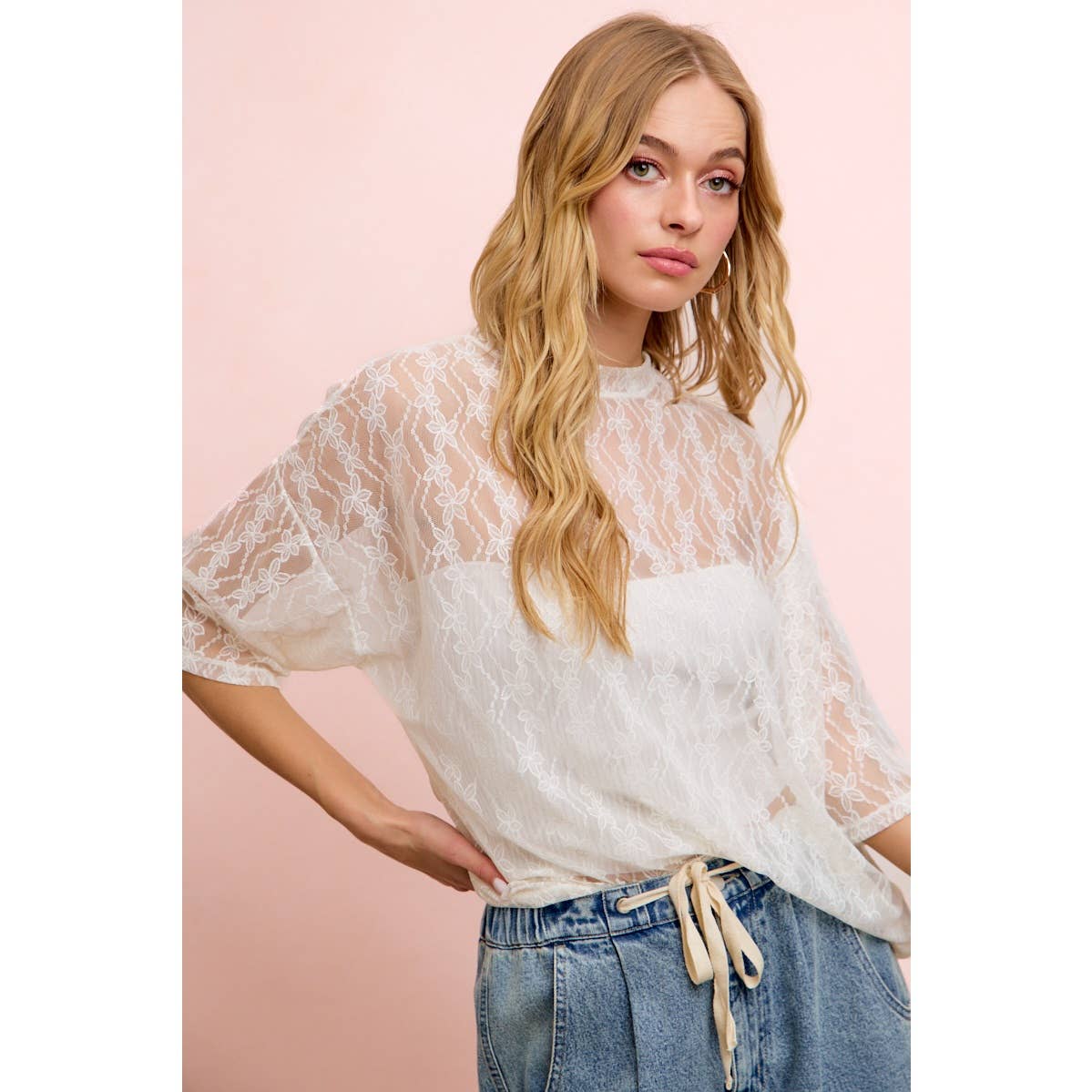 Cream Floral Boxy Mesh Top