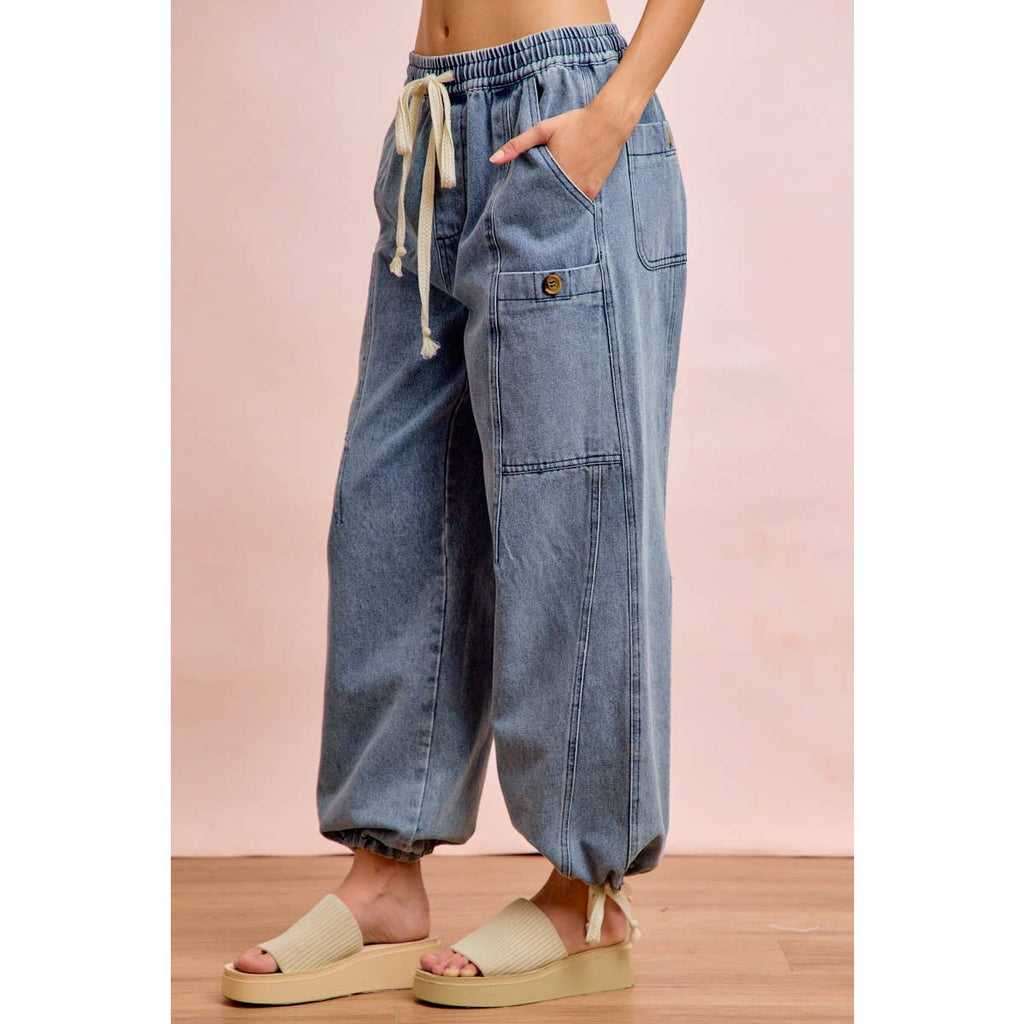 Washed Denim Drawstring Pants
