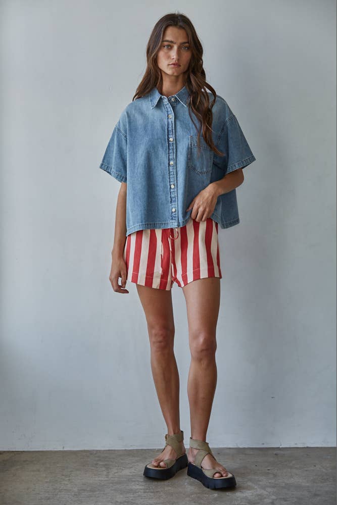 Blue Cotton Chambray Denim Short Sleeve Shirt