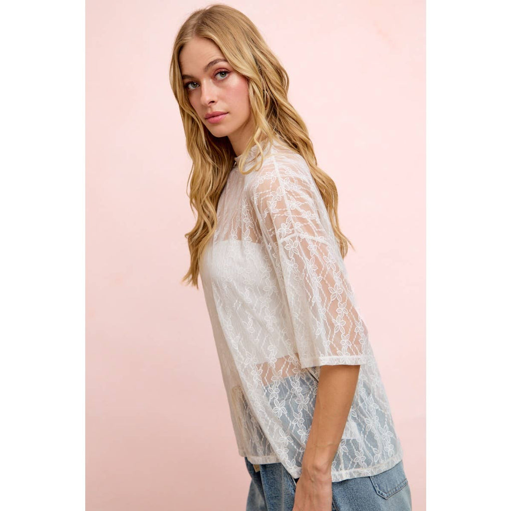 Cream Floral Boxy Mesh Top