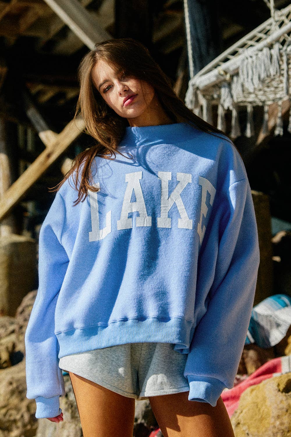 Blue Reversible Mock-neck Crop Sweatshirt